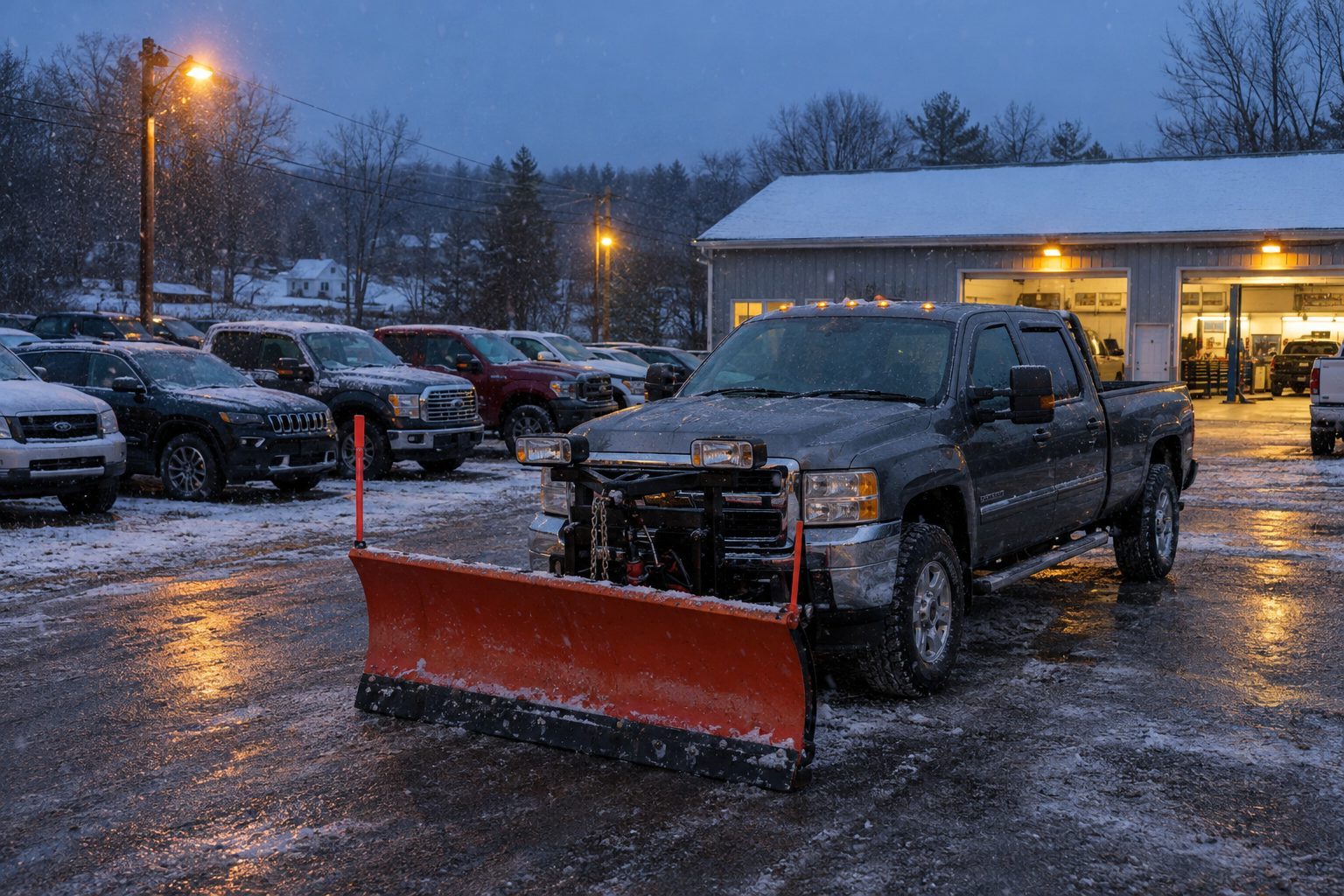 Pickup truck with a snowplow on the Ned & Ted lot at dusk